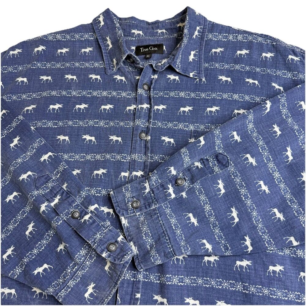 VTG True Grit Shirt Mens XL Moose Print Blue Button Up Cotton Lodge Made In USA